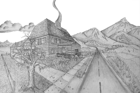 Link to enlarged image of: Pencil drawing, "Country House"