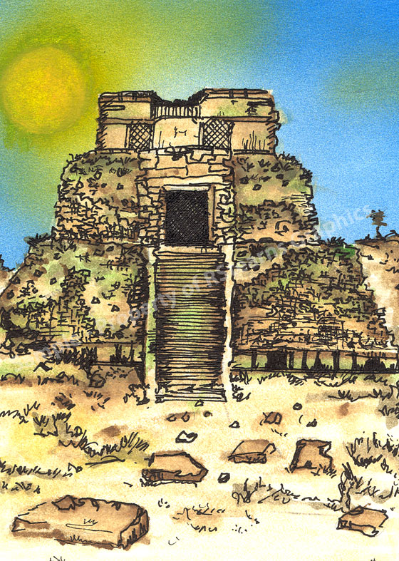 Multi-medium rendering of a Mayan ruins in the Yucatan