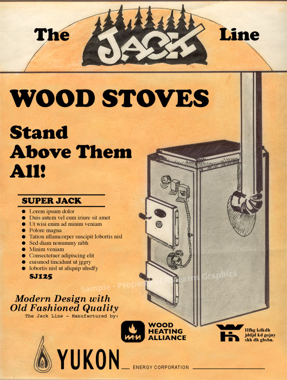 Link to enlarged image of: Advertising comprehensive layout, "The Jack Line - Woodstoves"