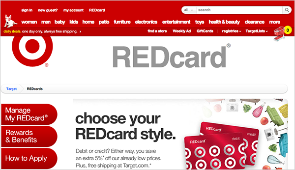 screenshot of target.com which uses losts of red and white colors