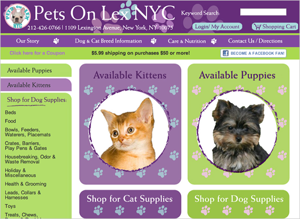 screenshot of petsonlex.com which uses a green and purple color scheme