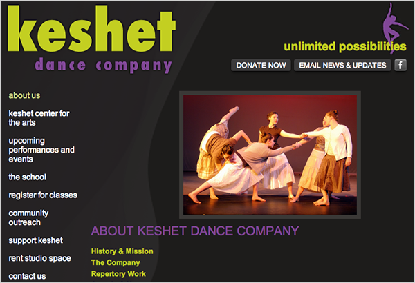 screenshot of keshetdance.org which uses green, purple, black and gray colors