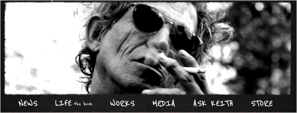 screenshot of keithrichards.com with handwritten fonts