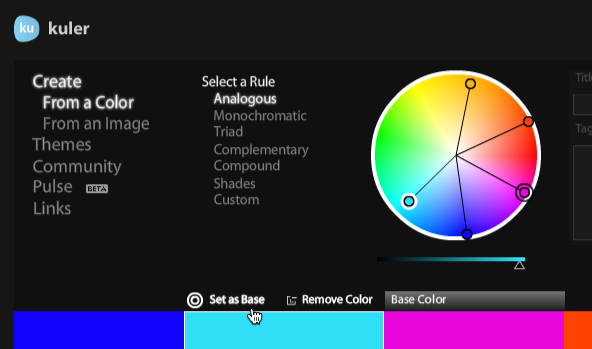 screenshot of Kuler window with a mouse clicking on a phrase that says set as base