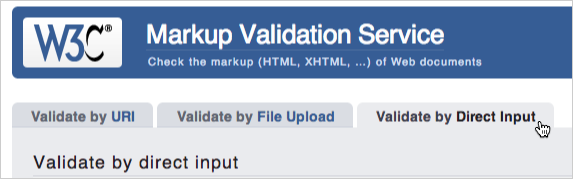 screenshot of w3c webpage with mouse clicking on tab that reads validate by direct input