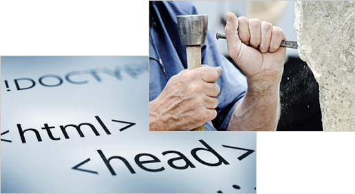 Photograph of stone sculptor at work; photograph of computer code
