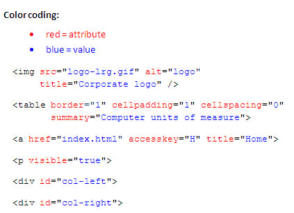 Tags, attributes (red) and values (blue)