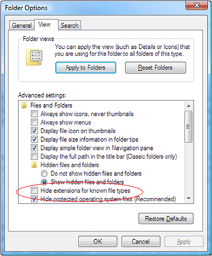 Showing extensions in Windows