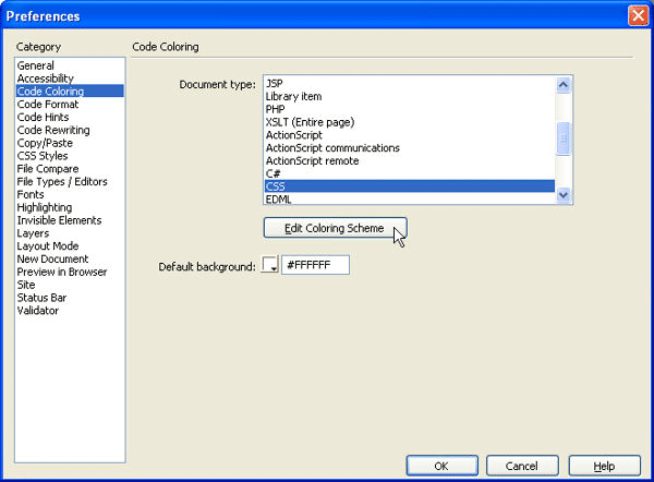 Dreamweaver Code Coloring options