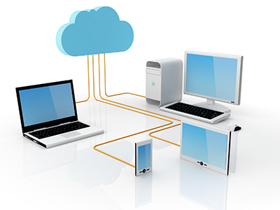 This illustration shows a cloud with arrows leading to a server, a desktop computer, and a smartphone