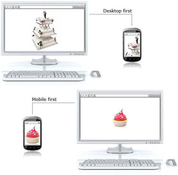 This illustration shows a wedding cake in a desktop browser and the same wedding cake—exactly the same size—not fitting on a mobile device. The second row shows a cupcake fitting on a mobile device and also fitting (at the same size) on a desktop browser.