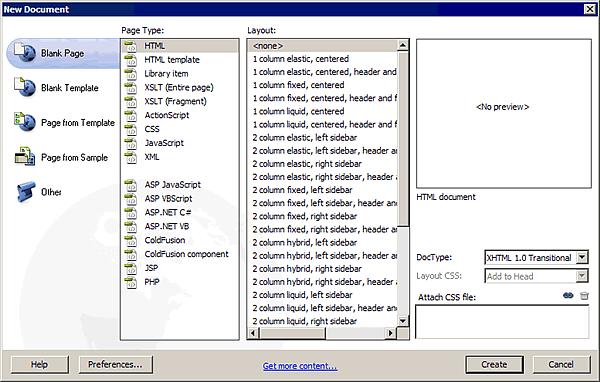 New Document dialog box