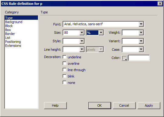 CSS Rule dialog box
