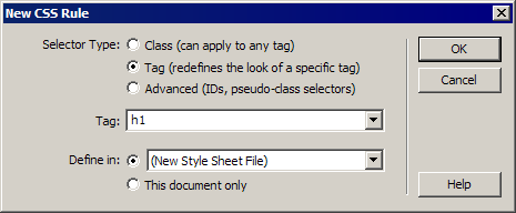 Define in: (New Style Sheet File)