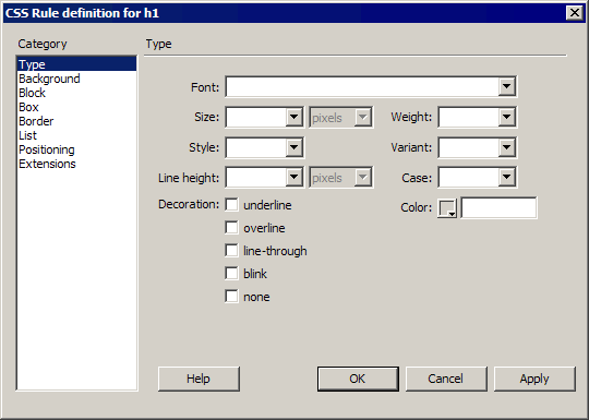 CSS Rule Definition dialog box