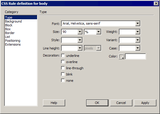 CSS Rule definition dialog box