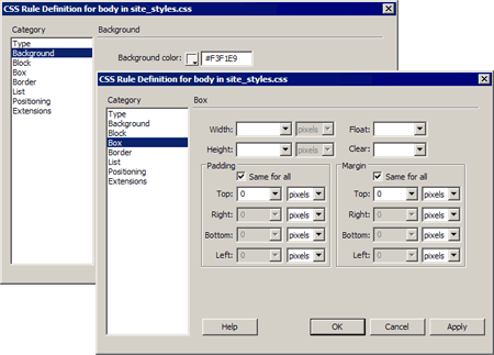 CSS Rule Definition dialog box