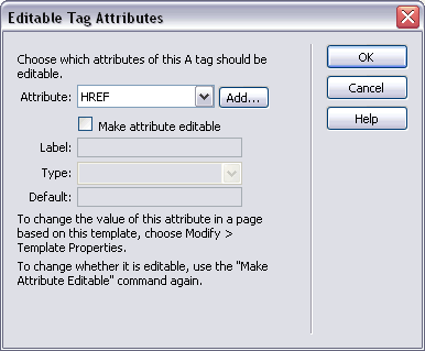 Editable Tag Attributes dialog box