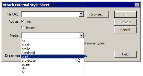 Attach Style Sheet dialog box 