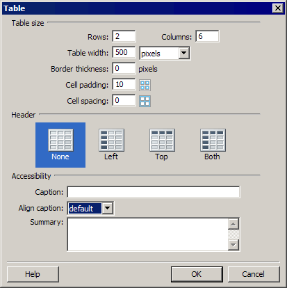 Table dialog box