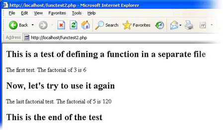 The output from the functest2.php program 