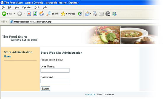 The Food Store admin login page 