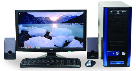 A photograph of desktop computer setup with speakers