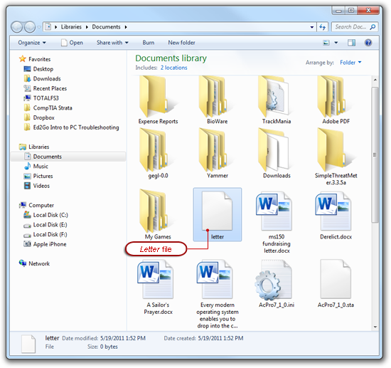 A screen shot of the Letter file in the Documents library