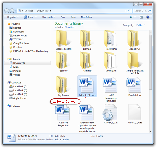 A screen shot of the Letter to GL.docx file in the Documents library