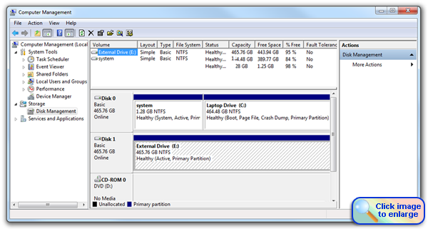 The Computer Management utility, with Disk Management on the far right. Open full size version