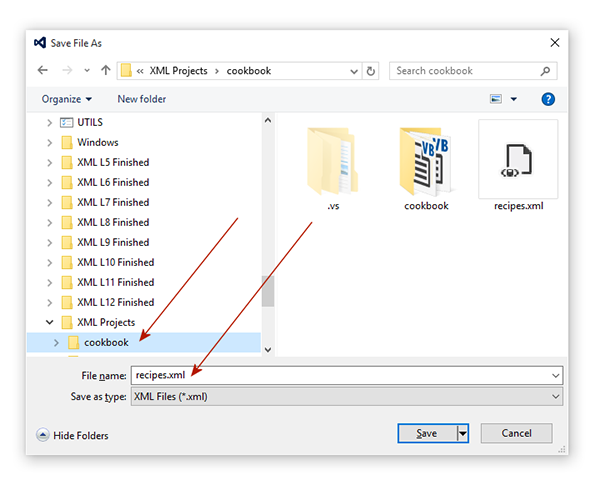 Saving recipes.xml to your c:\XML Projects\Cookbook folder