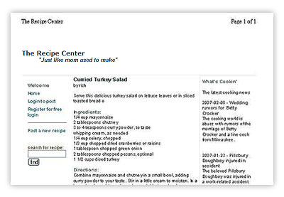 Print Preview of a recipe in Recipe
 Center application