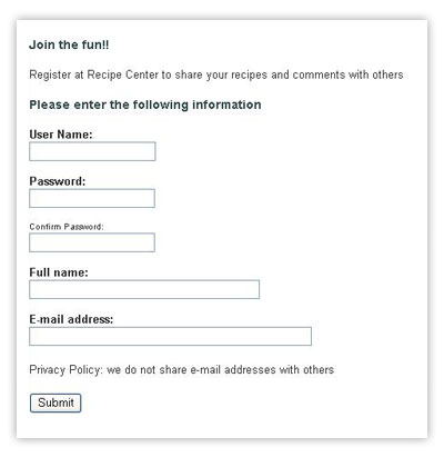The Recipe Center user registration
 Web page