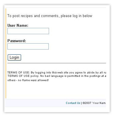 The Recipe Center's user login 
page