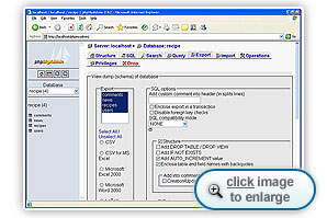 The phpMyAdmin Export Web page